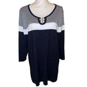 CABLE & GAUGE Color Block Knit Sweater Top w/Keyhole Detail BLK/WHT/GRAY Size 1X